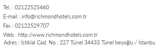 Richmond Hotel stanbul telefon numaralar, faks, e-mail, posta adresi ve iletiim bilgileri